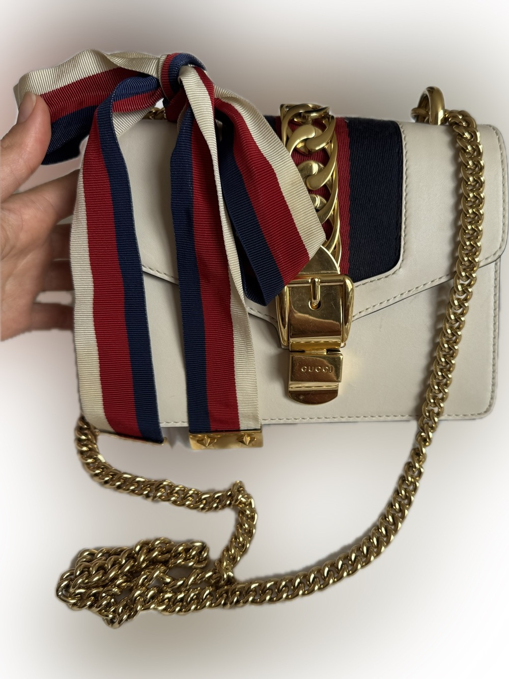 Gucci Sylvie mini Leather Crossbody with Ribbon and Gold Chain